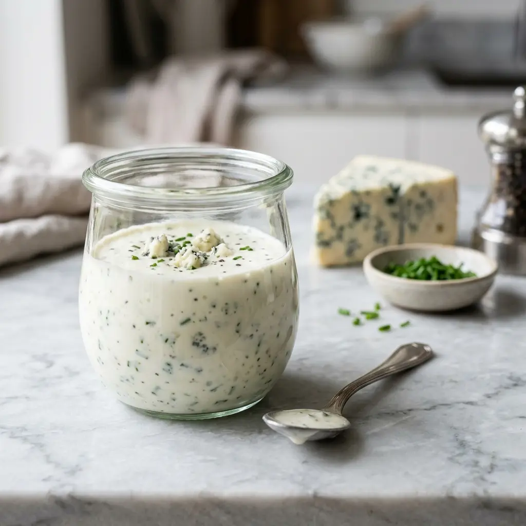 En skål med blue cheese dressing klar att servera som smakrikt tillbehör