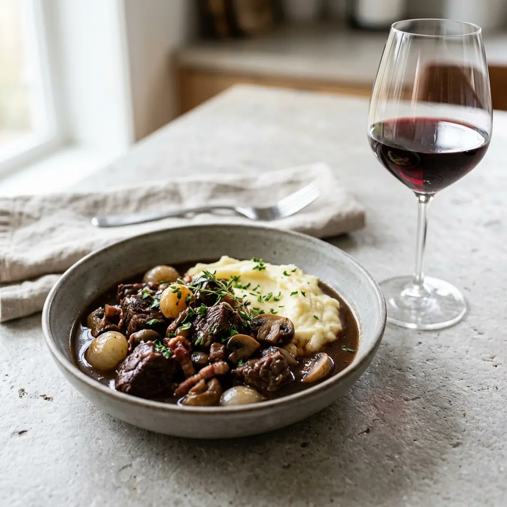 Nylagad boeuf bourguignon serverad på ett aptitligt och hemlagat sätt