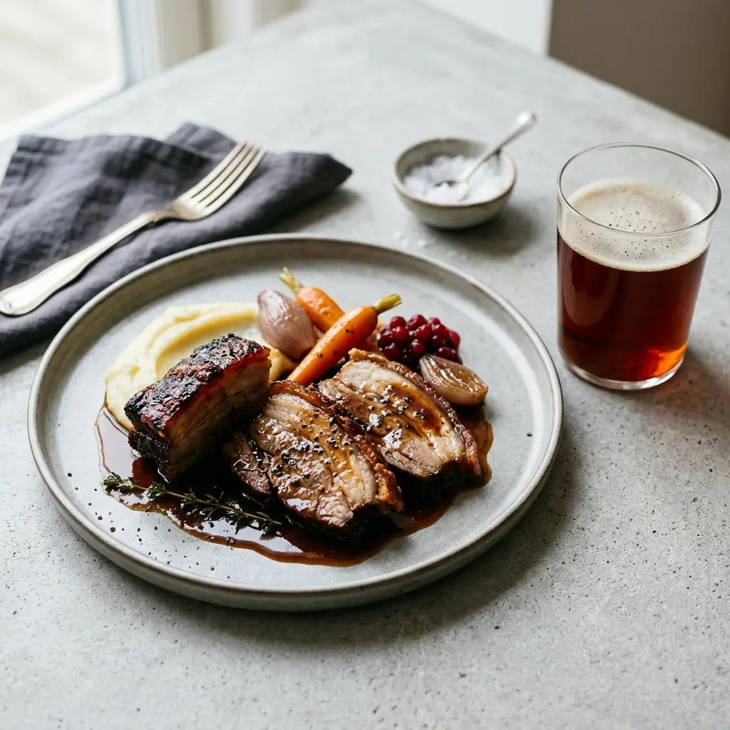Nylagad bräserat sidfläsk serverad på ett aptitligt och hemlagat sätt