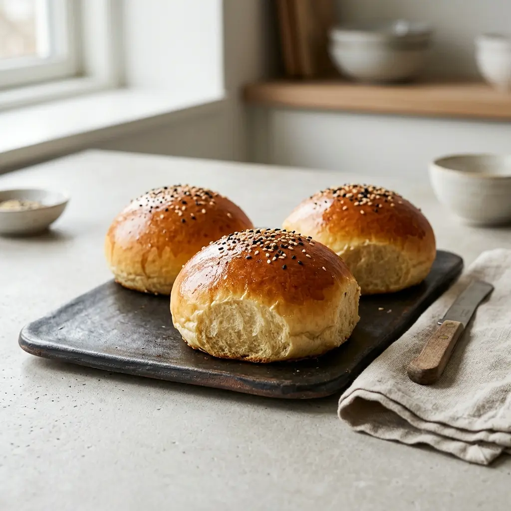 Nybakad brioche-hamburgerbröd serverad och klar att njuta av