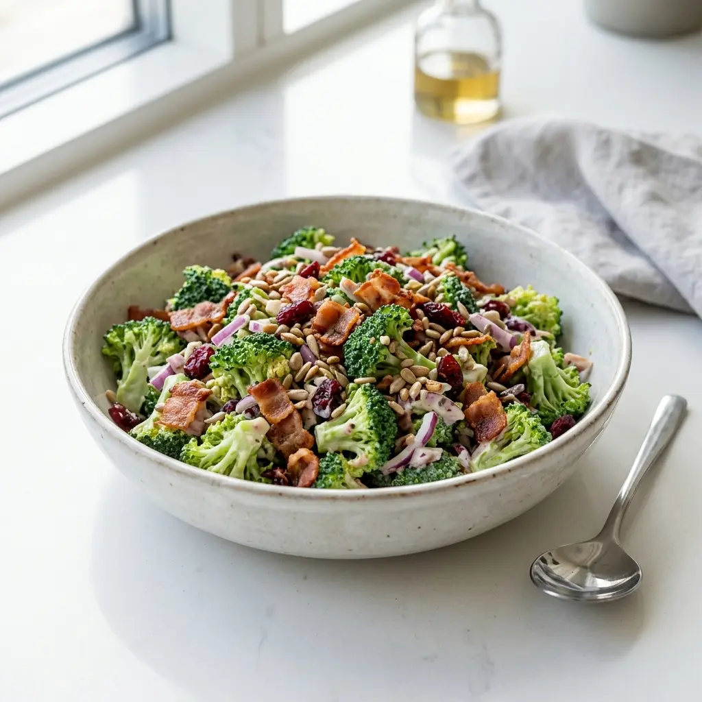 En fräsch portion broccolisallad med bacon med färska råvaror och fin servering