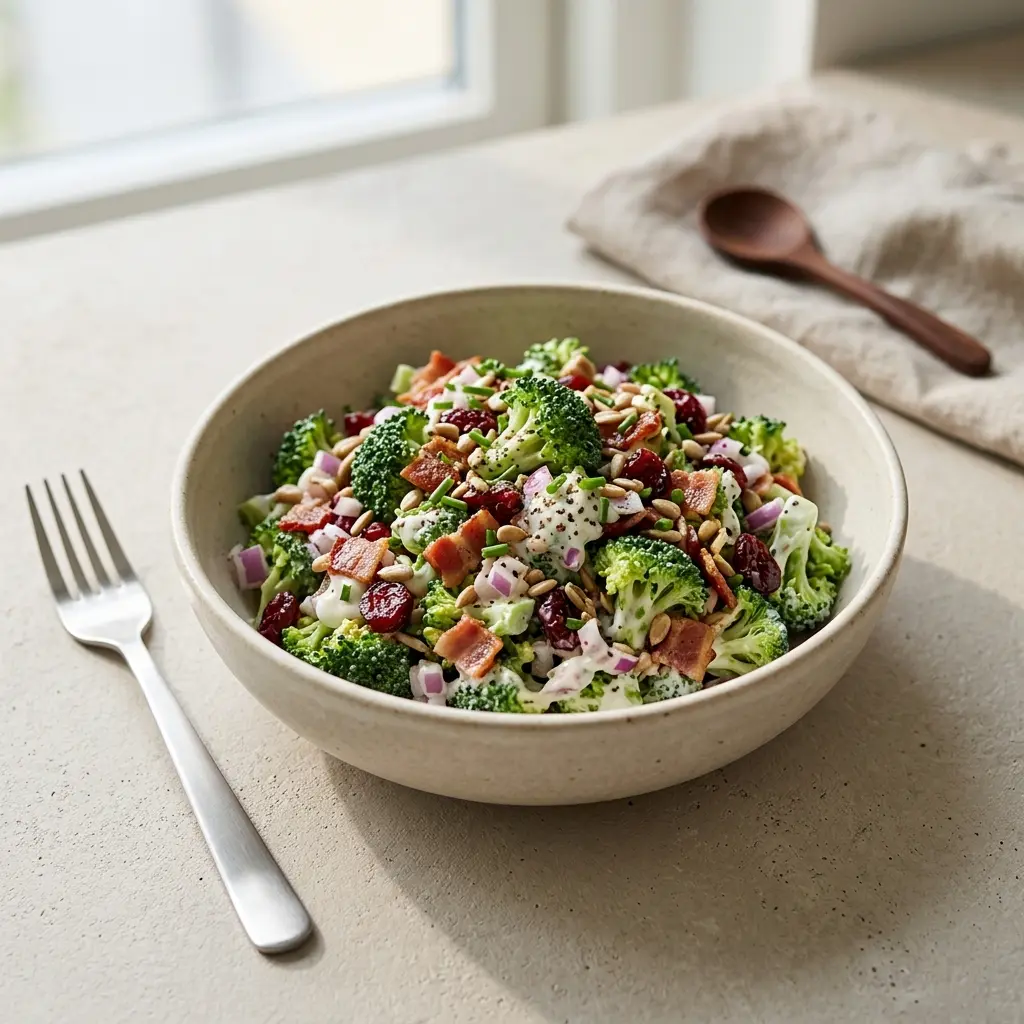 En fräsch portion broccolisallad med färska råvaror och fin servering