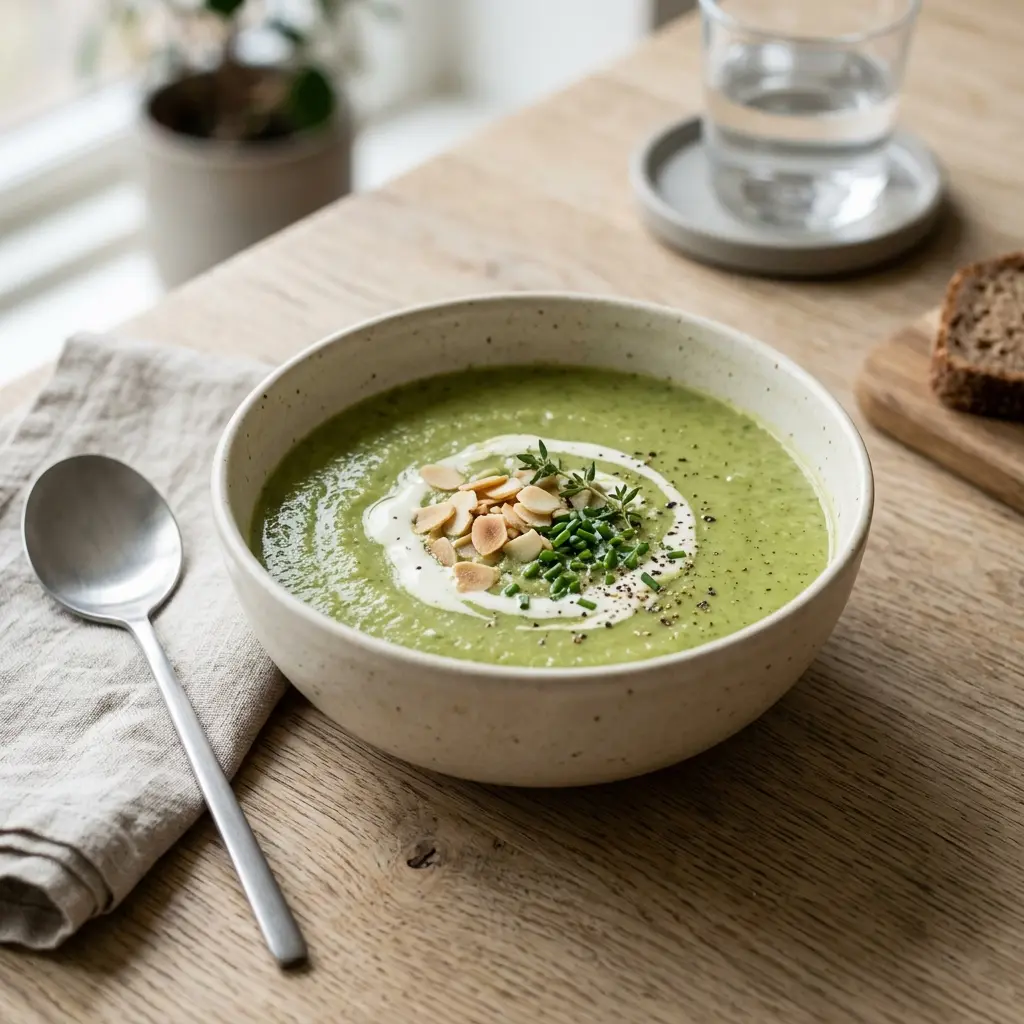 En varm skål broccolisoppa serverad med ett inbjudande och hemlagat uttryck