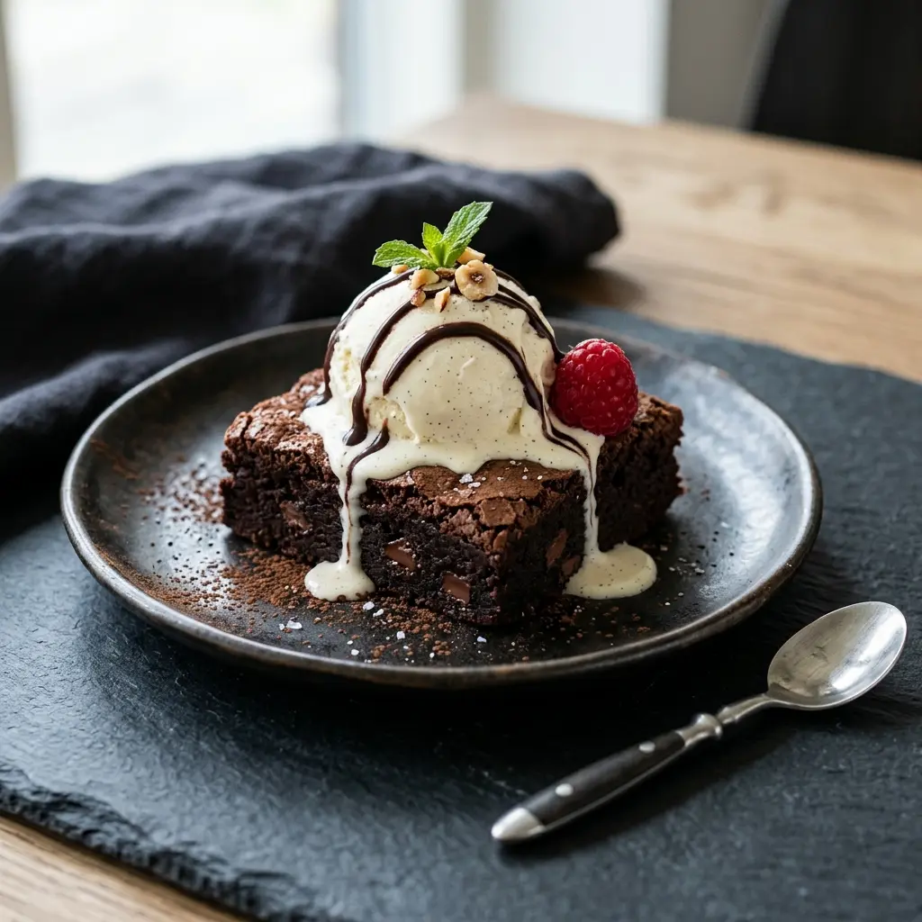 Hemlagad brownie med glass serverad som en söt och inbjudande dessert
