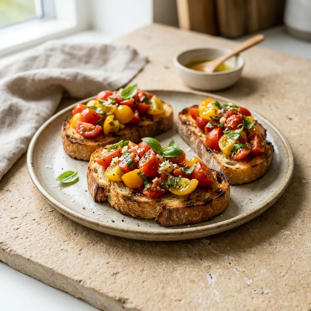 Nylagad bruschetta med tomat serverad på ett aptitligt och hemlagat sätt