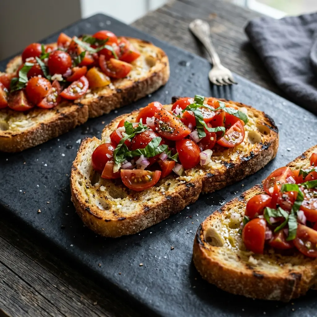 Nylagad bruschetta med vitlök serverad på ett aptitligt och hemlagat sätt