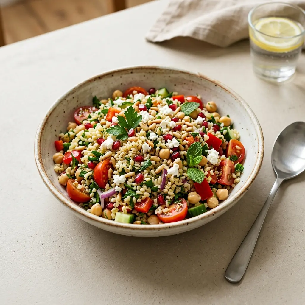 En fräsch portion bulgursallad med färska råvaror och fin servering