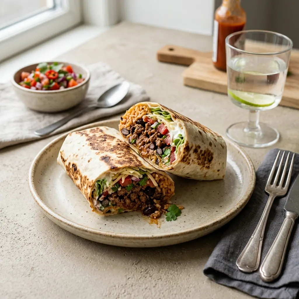 Nylagad burritos med nötkött serverad på ett aptitligt och hemlagat sätt