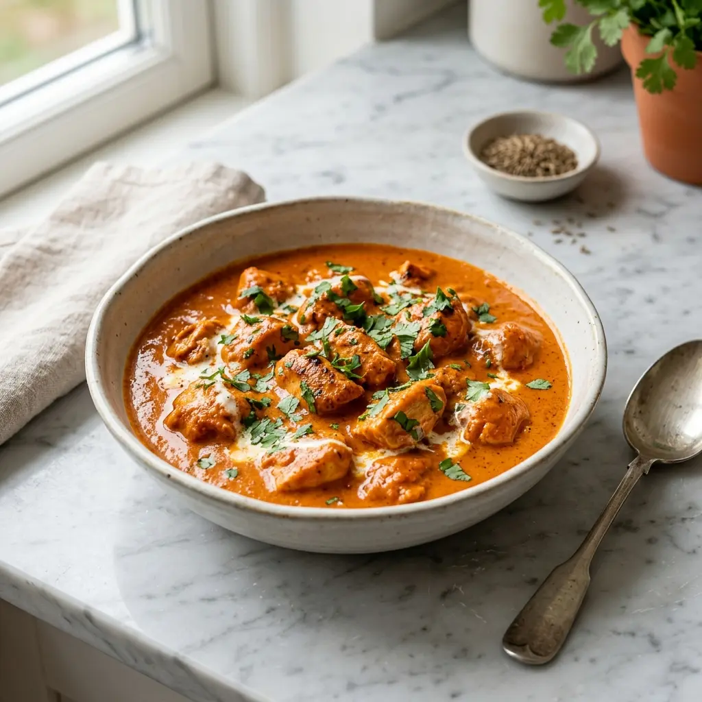 Ett glas butter chicken serverat kallt och fräscht med enkel garnering