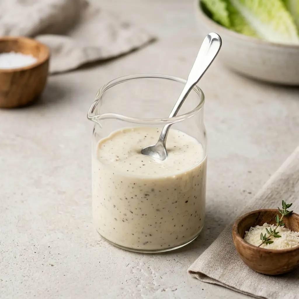 En skål med caesardressing klar att servera som smakrikt tillbehör
