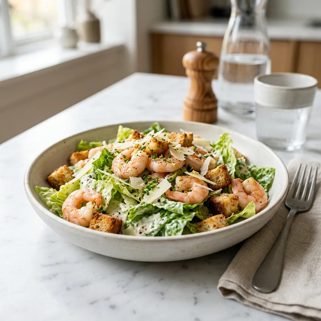 En fräsch portion caesarsallad med räkor med färska råvaror och fin servering