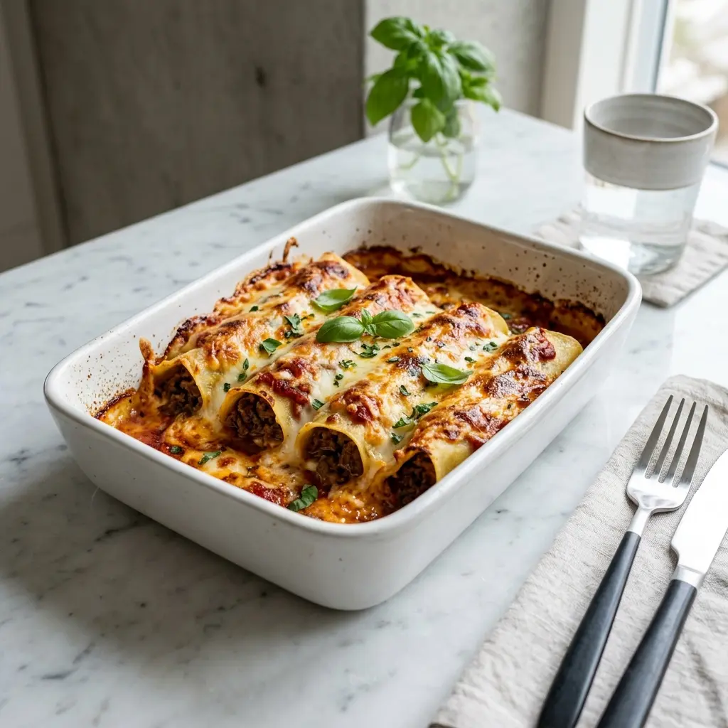 Nylagad cannelloni med nötkött serverad på ett aptitligt och hemlagat sätt