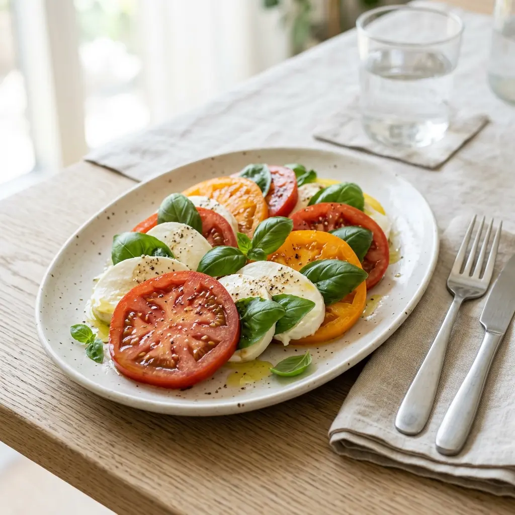 En fräsch portion caprese-sallad med färska råvaror och fin servering