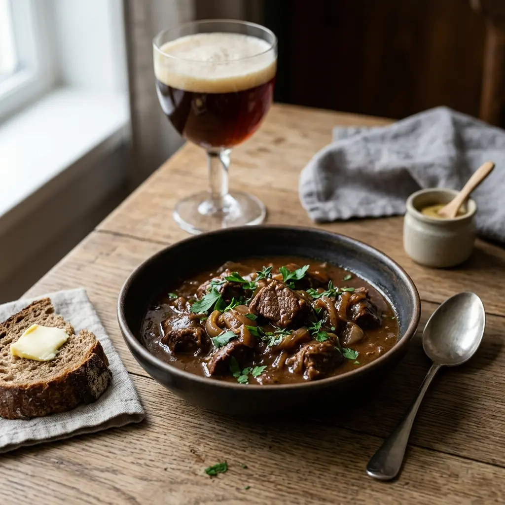 Nylagad carbonnade flamande serverad på ett aptitligt och hemlagat sätt