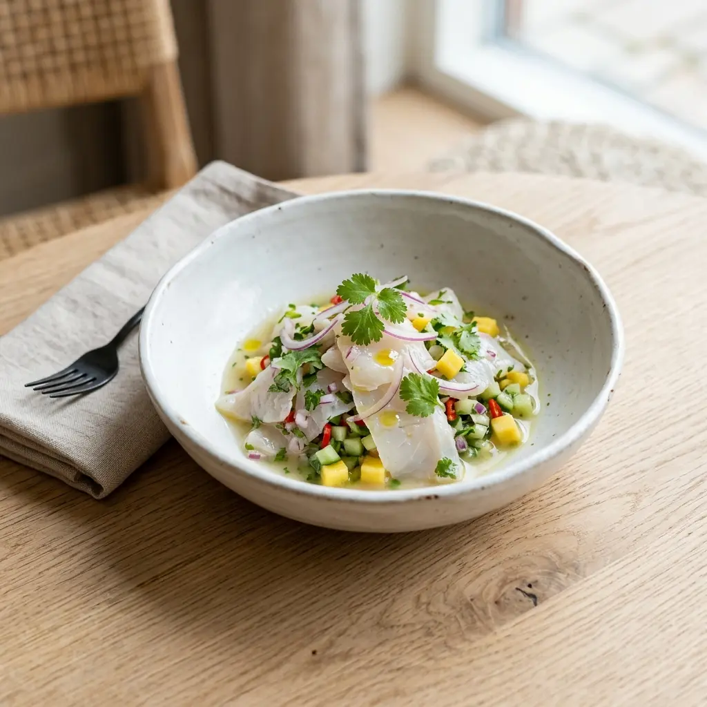 Nylagad ceviche på plattfisk serverad på ett aptitligt och hemlagat sätt