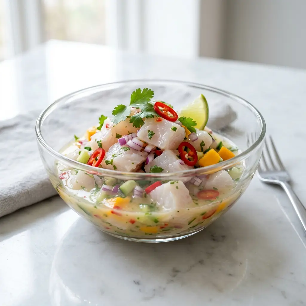 Nylagad ceviche på torsk serverad på ett aptitligt och hemlagat sätt