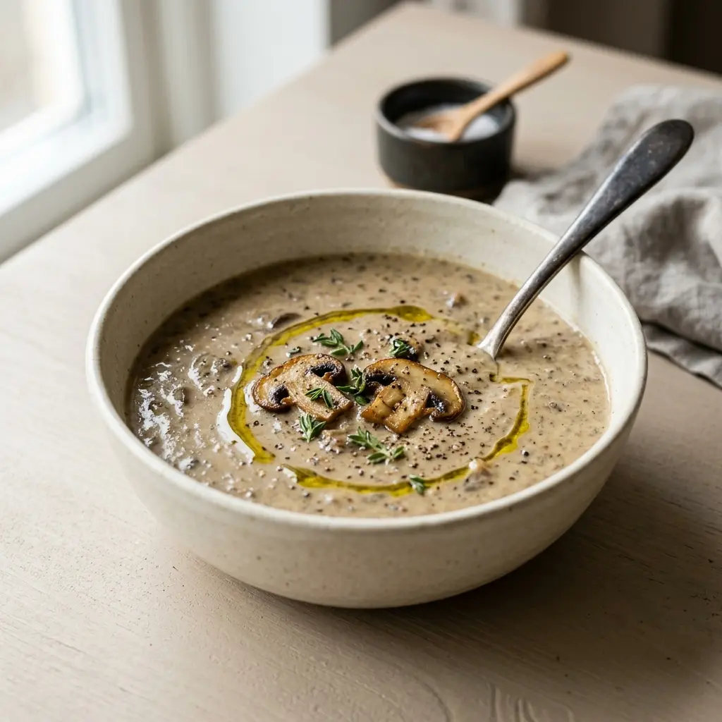 En varm skål champinjonsoppa serverad med ett inbjudande och hemlagat uttryck