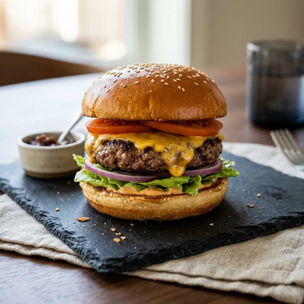 Nylagad cheeseburgare serverad på ett aptitligt och hemlagat sätt
