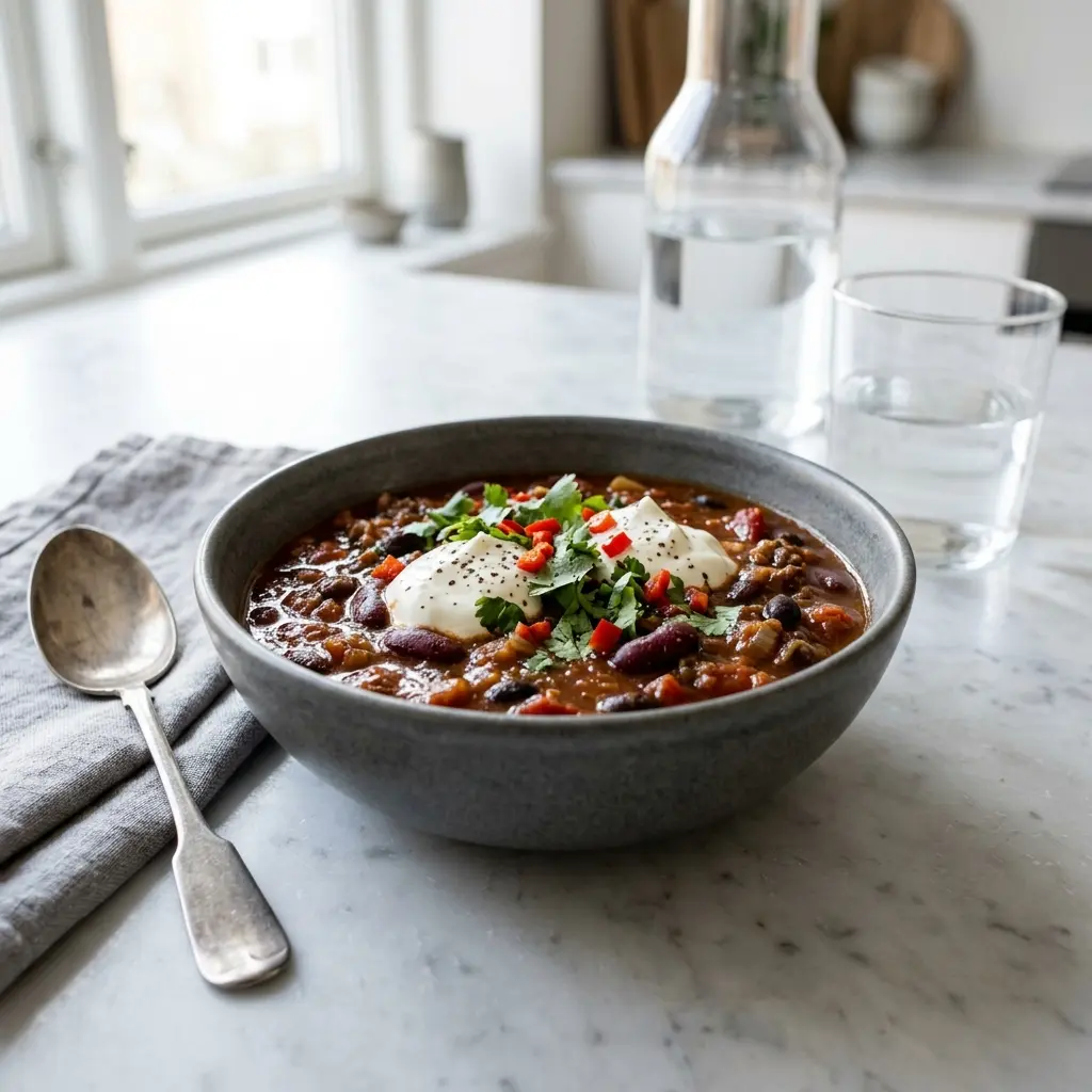 Nylagad chili con carne serverad på ett aptitligt och hemlagat sätt
