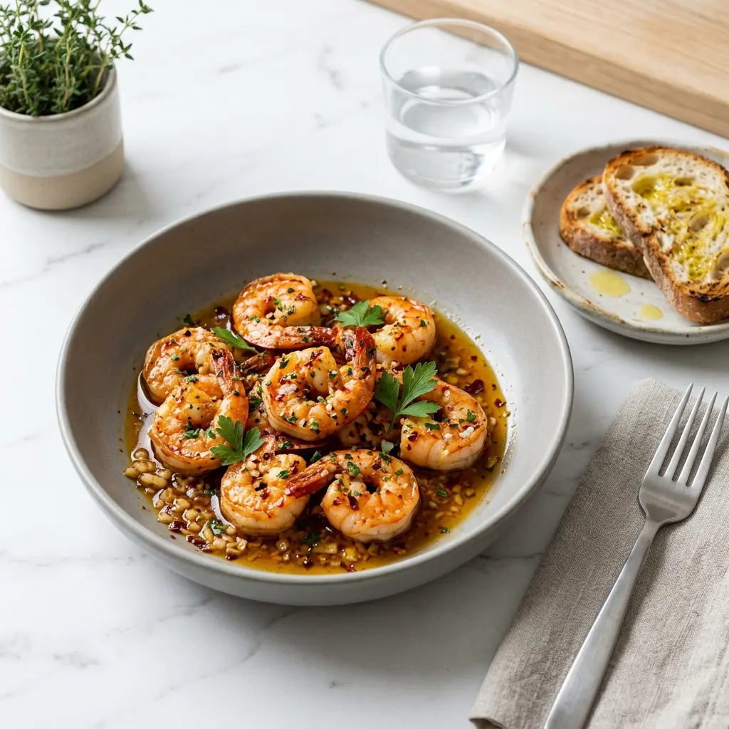 Nylagad chili- och vitlöksräkor serverad på ett aptitligt och hemlagat sätt