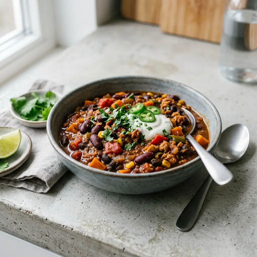 Nylagad chili sin carne serverad på ett aptitligt och hemlagat sätt
