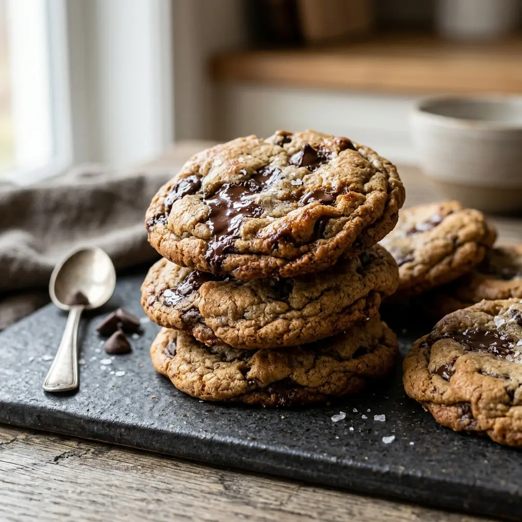Ett glas chocolate chip cookies serverat kallt och fräscht med enkel garnering