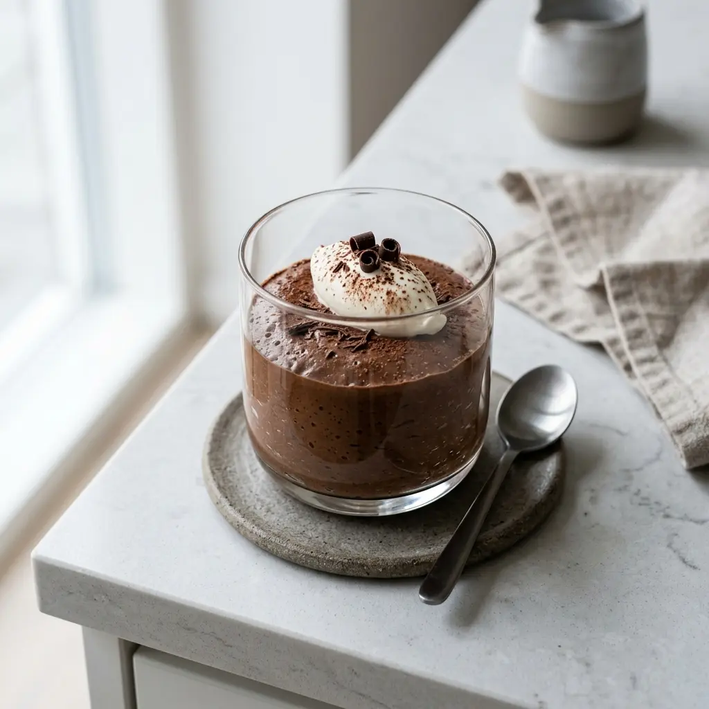 Hemlagad chokladmousse serverad som en söt och inbjudande dessert