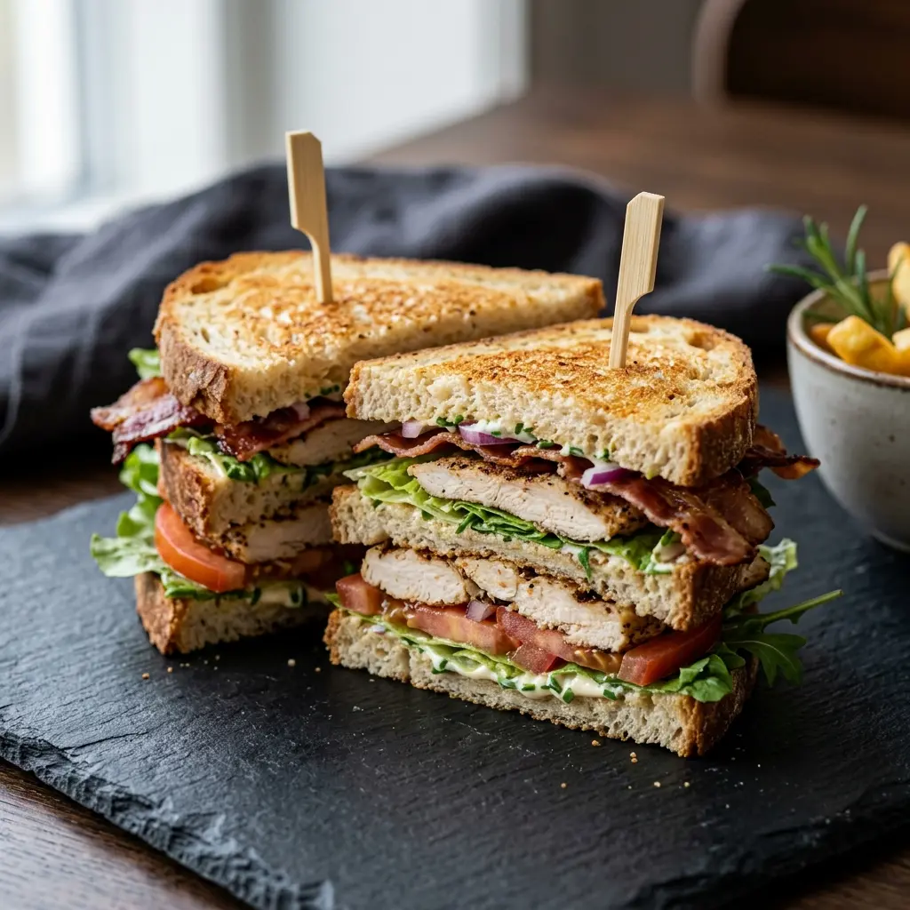 Nylagad club sandwich med kyckling serverad på ett aptitligt och hemlagat sätt
