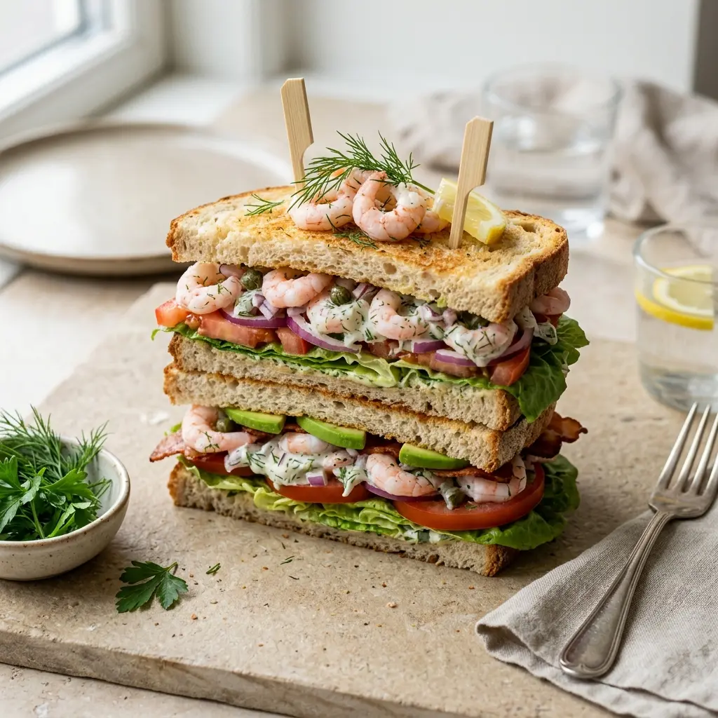 Nylagad club sandwich med räkor serverad på ett aptitligt och hemlagat sätt