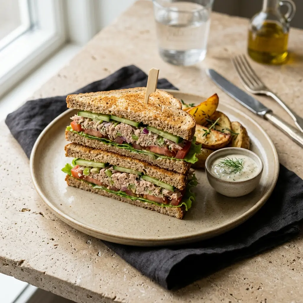 Nylagad club sandwich med tonfisk serverad på ett aptitligt och hemlagat sätt