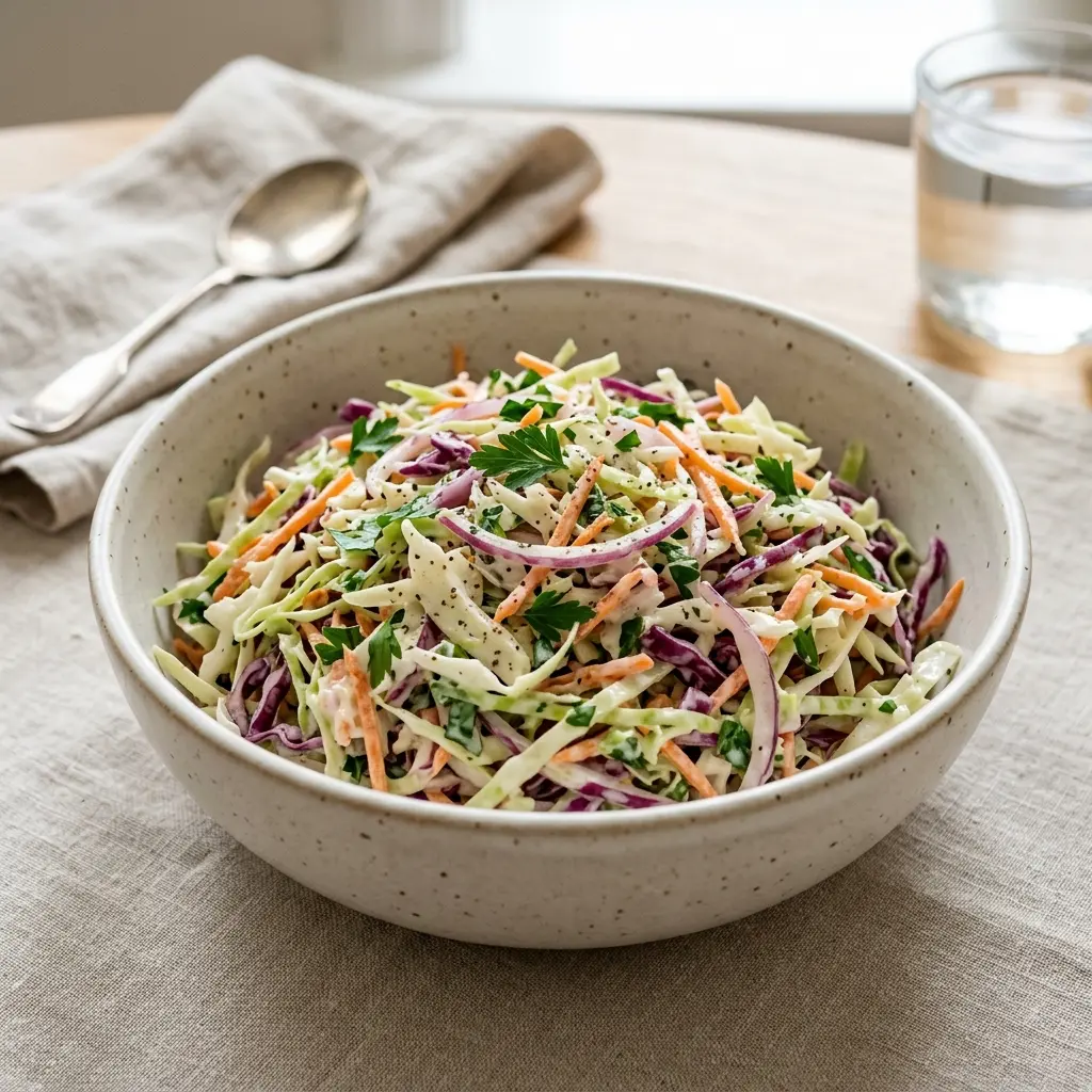En fräsch portion coleslaw med färska råvaror och fin servering
