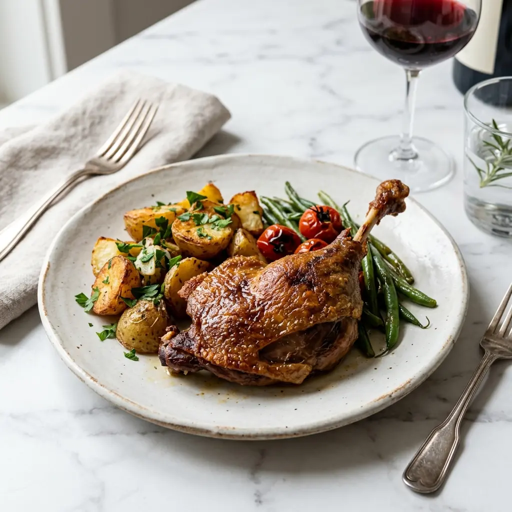 Nylagad confit de canard serverad på ett aptitligt och hemlagat sätt