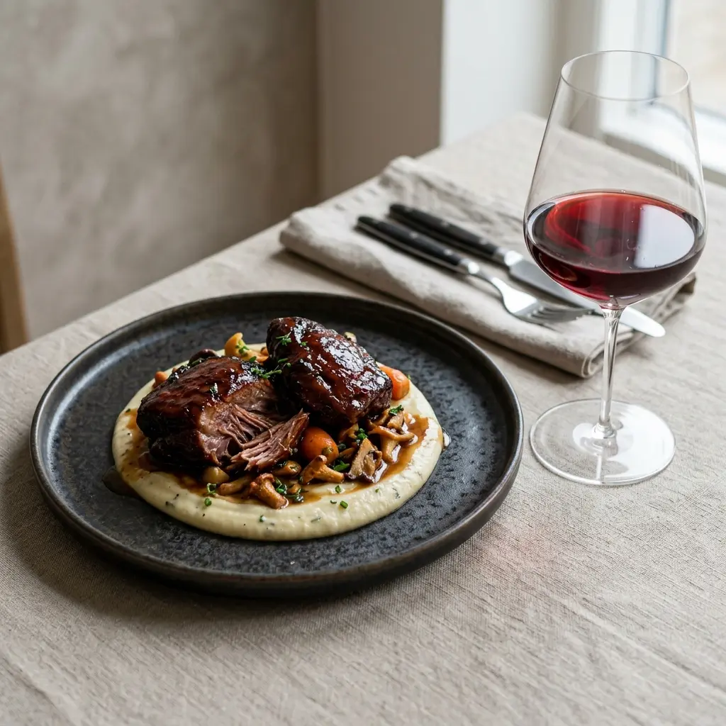 Ett glas confiterade fläskkinder serverat kallt och fräscht med enkel garnering