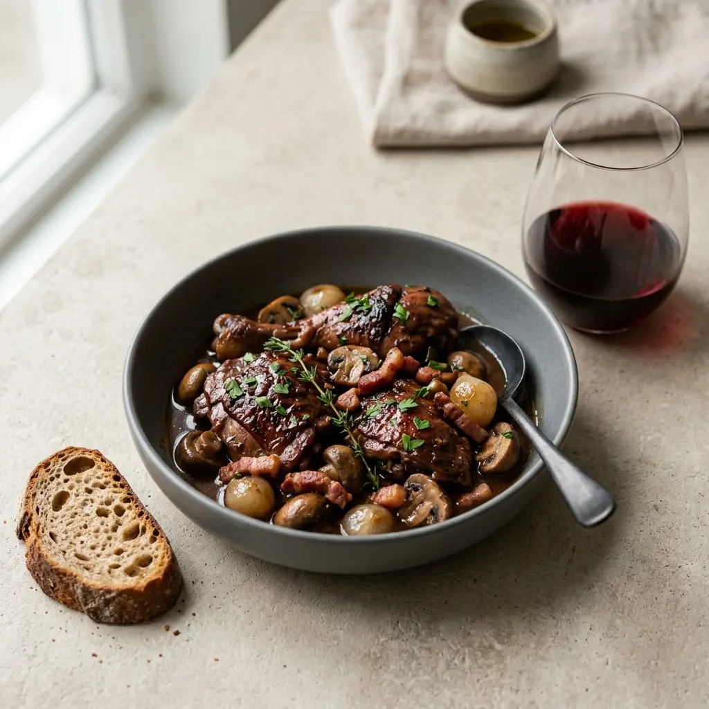 Nylagad coq au vin serverad på ett aptitligt och hemlagat sätt