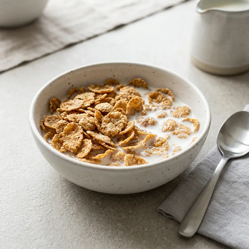Cornflakes med mjölk serverad i skål som snabb frukost med krispiga flingor