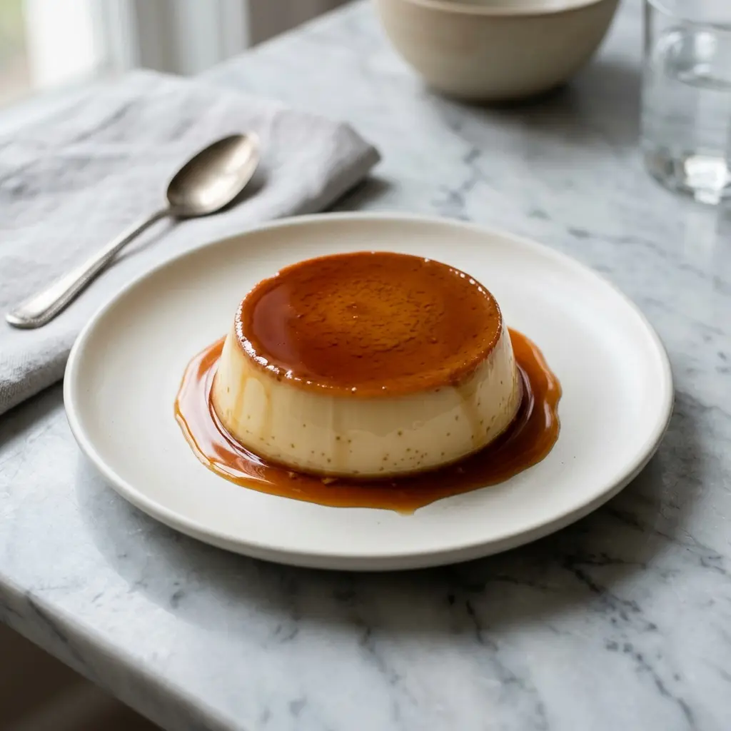 Nylagad crème caramel serverad på ett aptitligt och hemlagat sätt