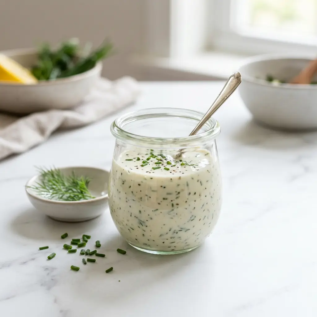 En skål med crème fraiche-dressing klar att servera som smakrikt tillbehör
