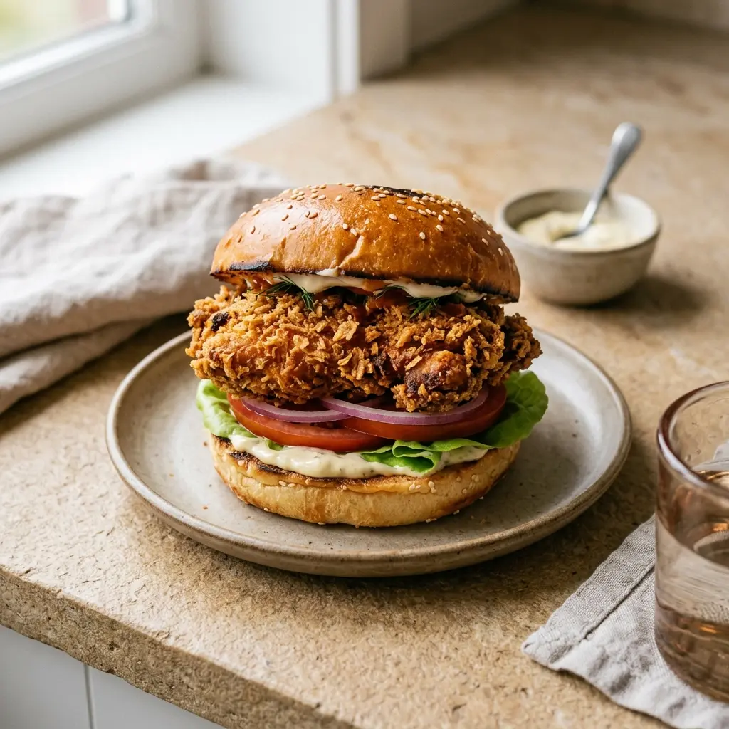 Nylagad crispy chicken burger serverad på ett aptitligt och hemlagat sätt