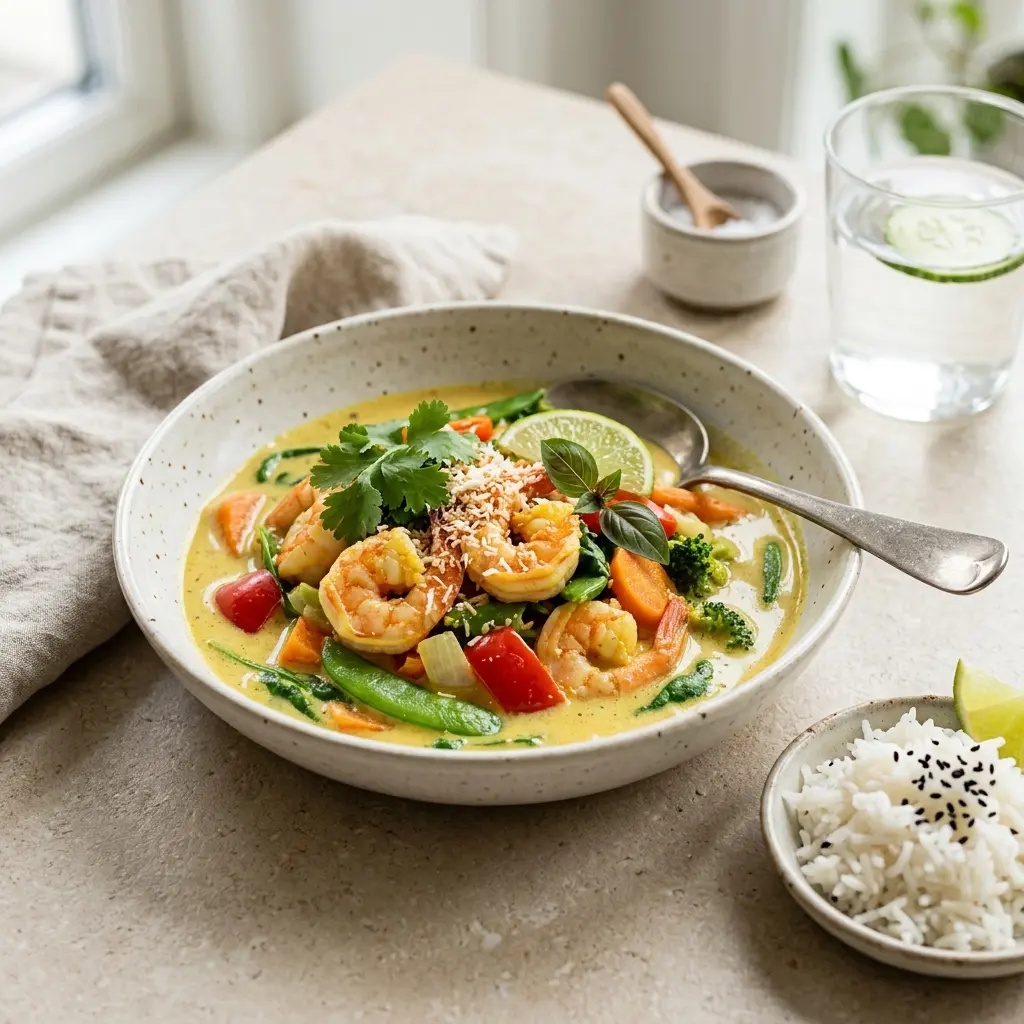 Nylagad curry med räkor serverad på ett aptitligt och hemlagat sätt