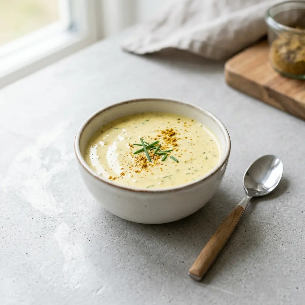 En skål med currydressing klar att servera som smakrikt tillbehör