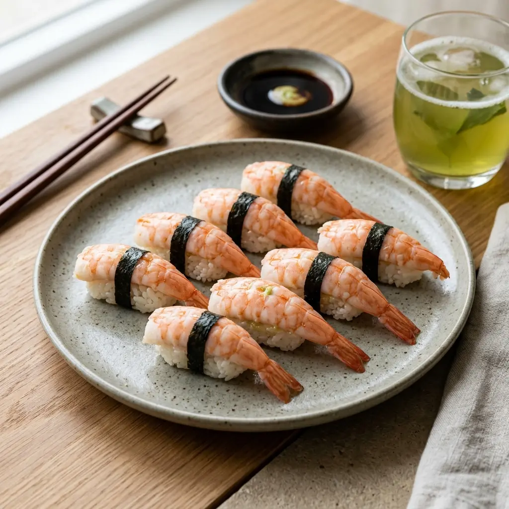 Nylagad ebi sushi serverad på ett aptitligt och hemlagat sätt