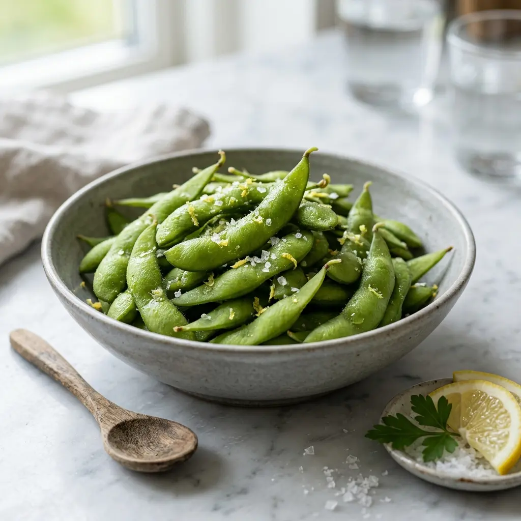 Nylagad edamamebönor med salt och citron serverad på ett aptitligt och hemlagat sätt
