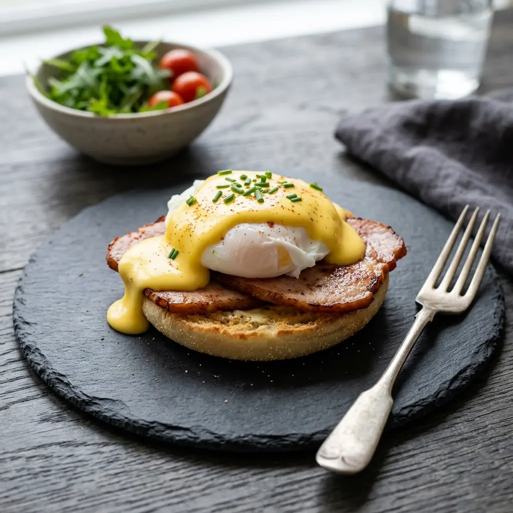 Nylagad eggs Benedict serverad på ett aptitligt och hemlagat sätt