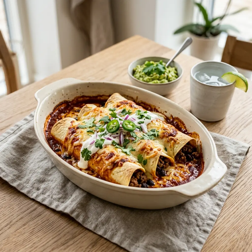 Nylagad enchiladas med nötkött serverad på ett aptitligt och hemlagat sätt