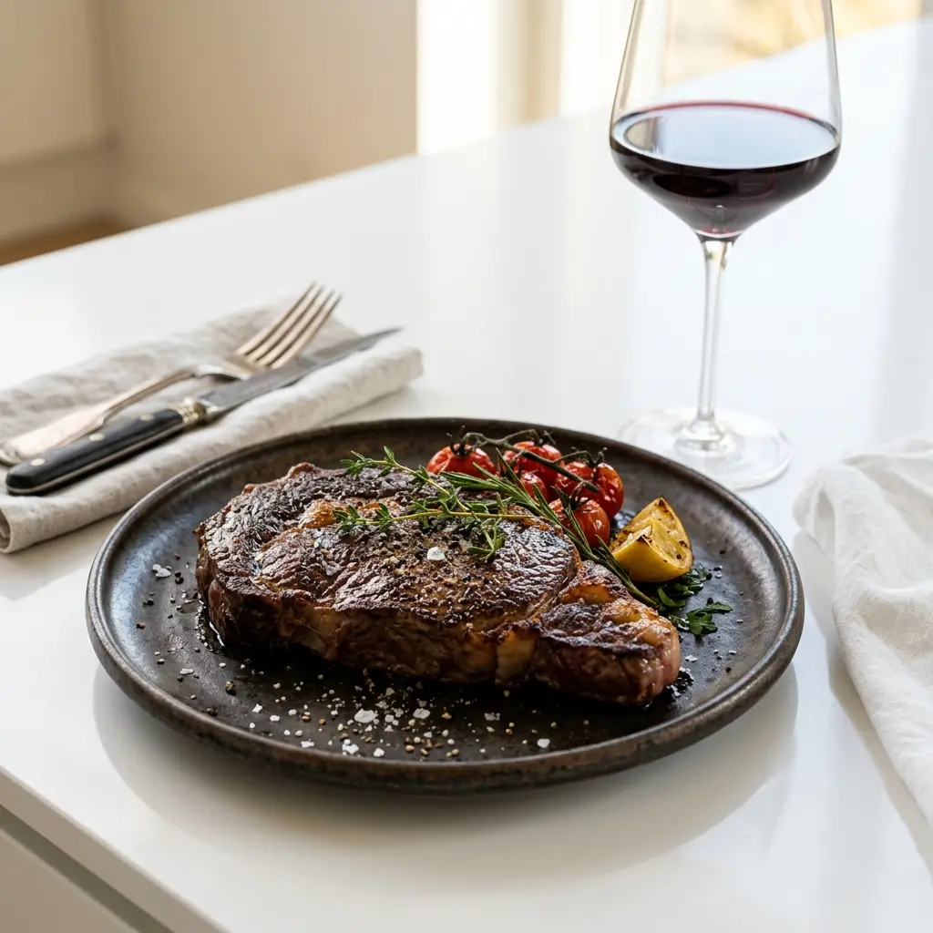 Ett glas entrecôte i stekpanna serverat kallt och fräscht med enkel garnering
