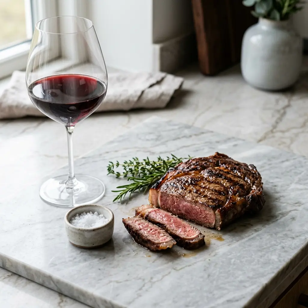 Ett glas entrecôte på grillen serverat kallt och fräscht med enkel garnering