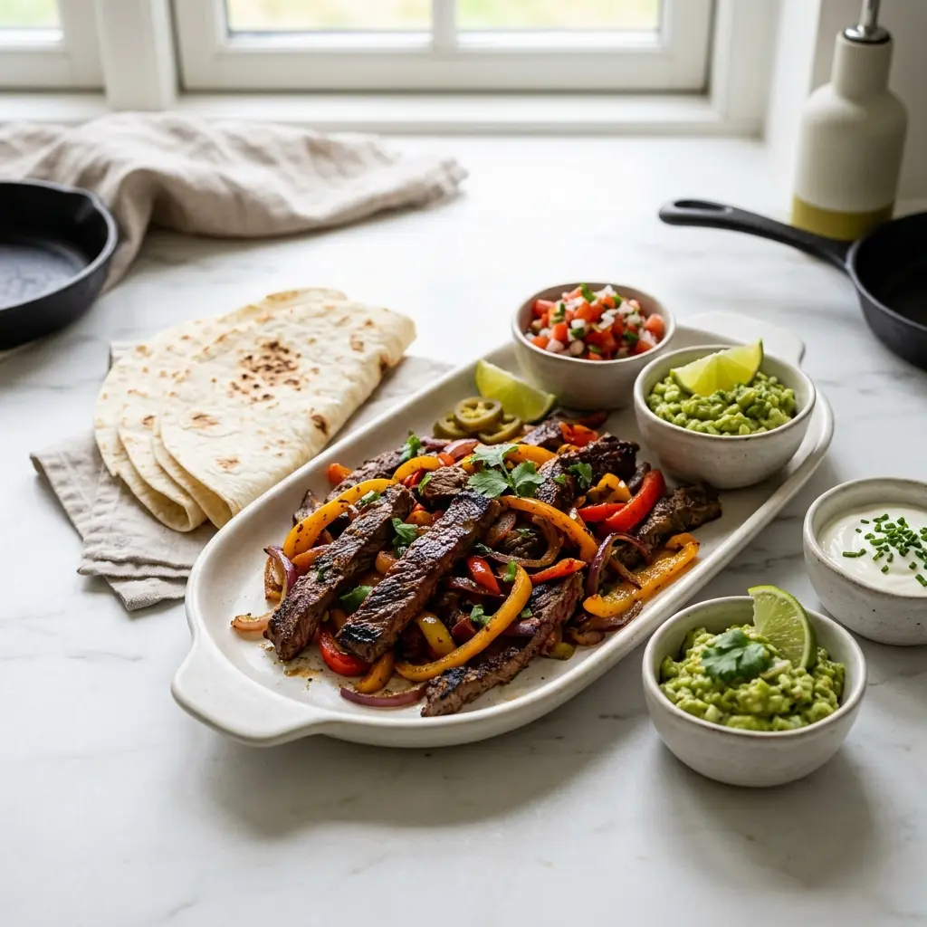 Nylagad fajitas med nötkött serverad på ett aptitligt och hemlagat sätt