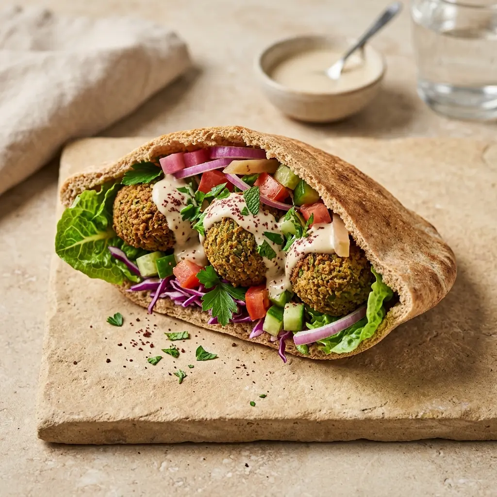 Nybakad falafel i pitabröd serverad och klar att njuta av