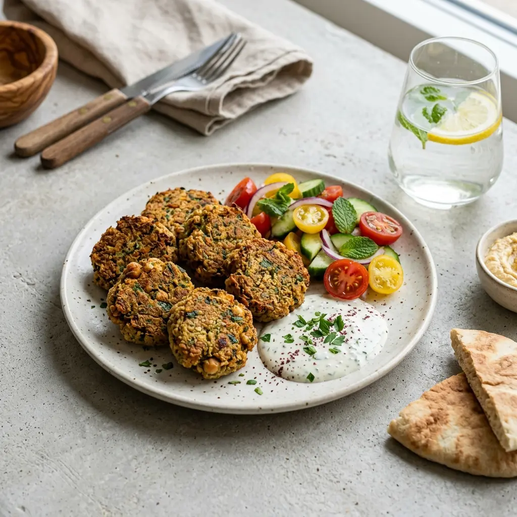 Nylagad falafel i ugn serverad på ett aptitligt och hemlagat sätt