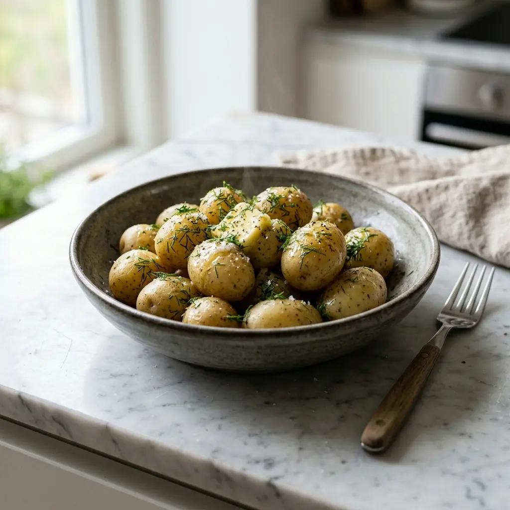 Nylagad färskpotatis med smör och dill serverad på ett aptitligt och hemlagat sätt